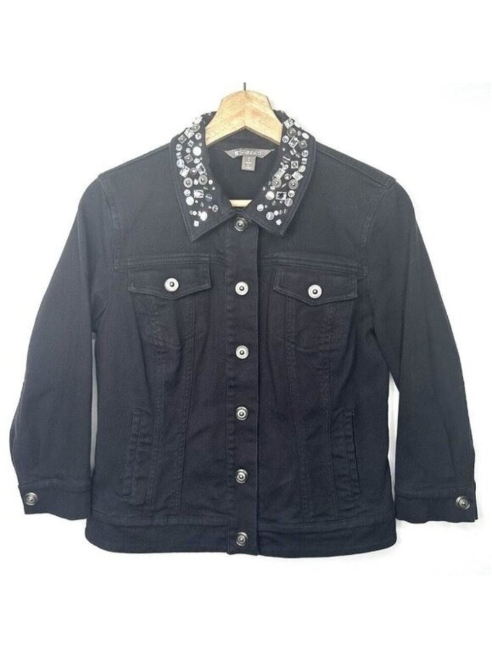 Spanner Womens Sz 2 Black Denim Jacket Rhinestone Collar Boho Snap Button R11204